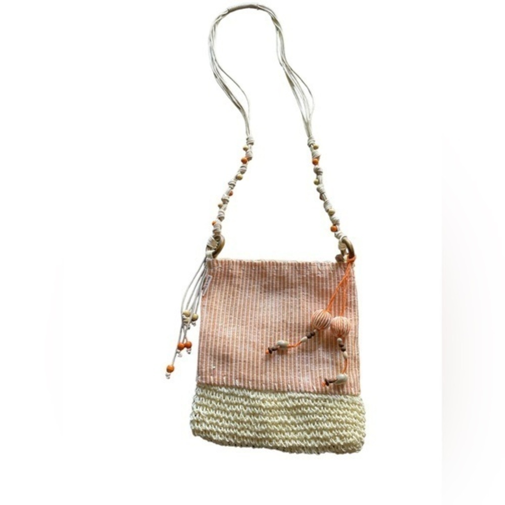 Sun N Sand Woven Crochet Boho Crossbody‎ Bag Zip Top Coral Natural NWOT
